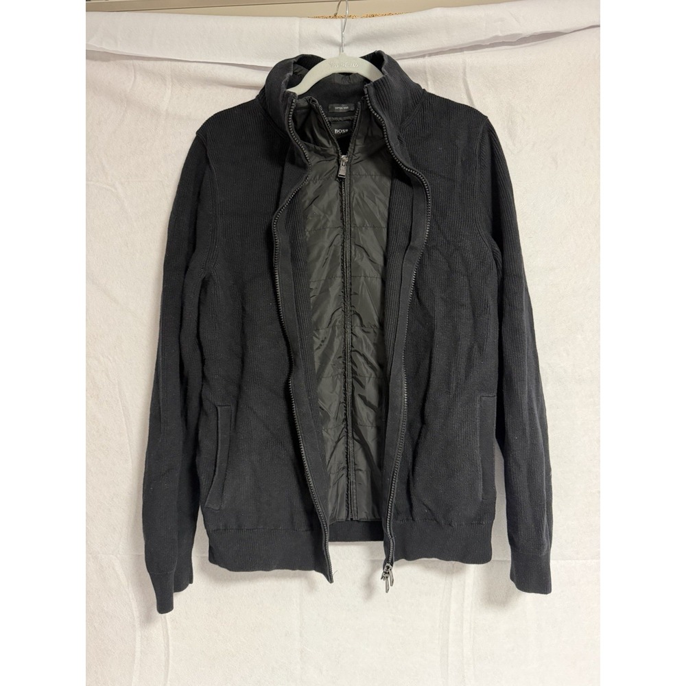 BOSS full-zip hybrid cardigan, ribbed knit outer sweater W/quilted Nylon Panel L